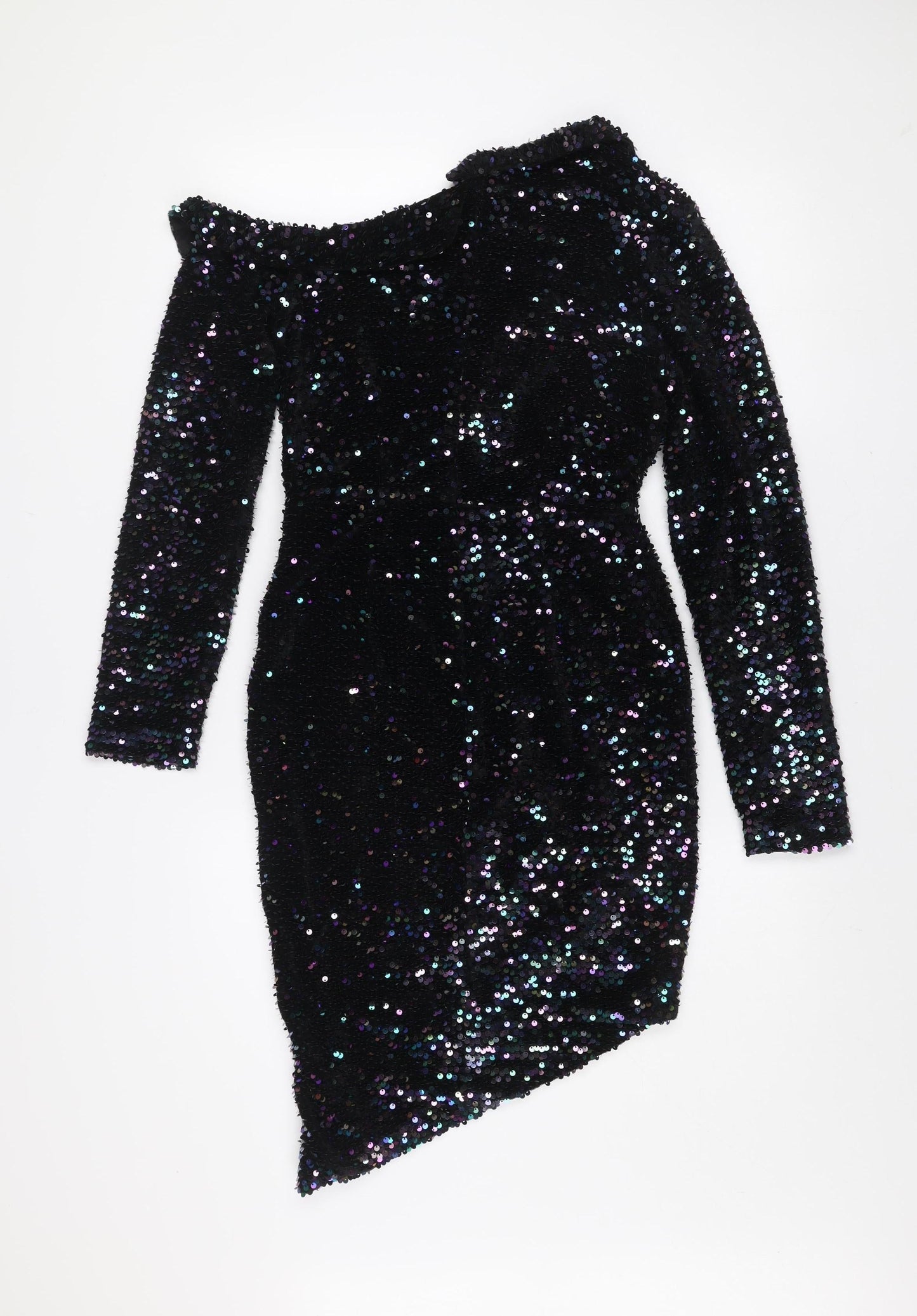 Lavish Alice Women's Black Sequin Velvet Off Shoulder Bodycon Mini Dress Size 10