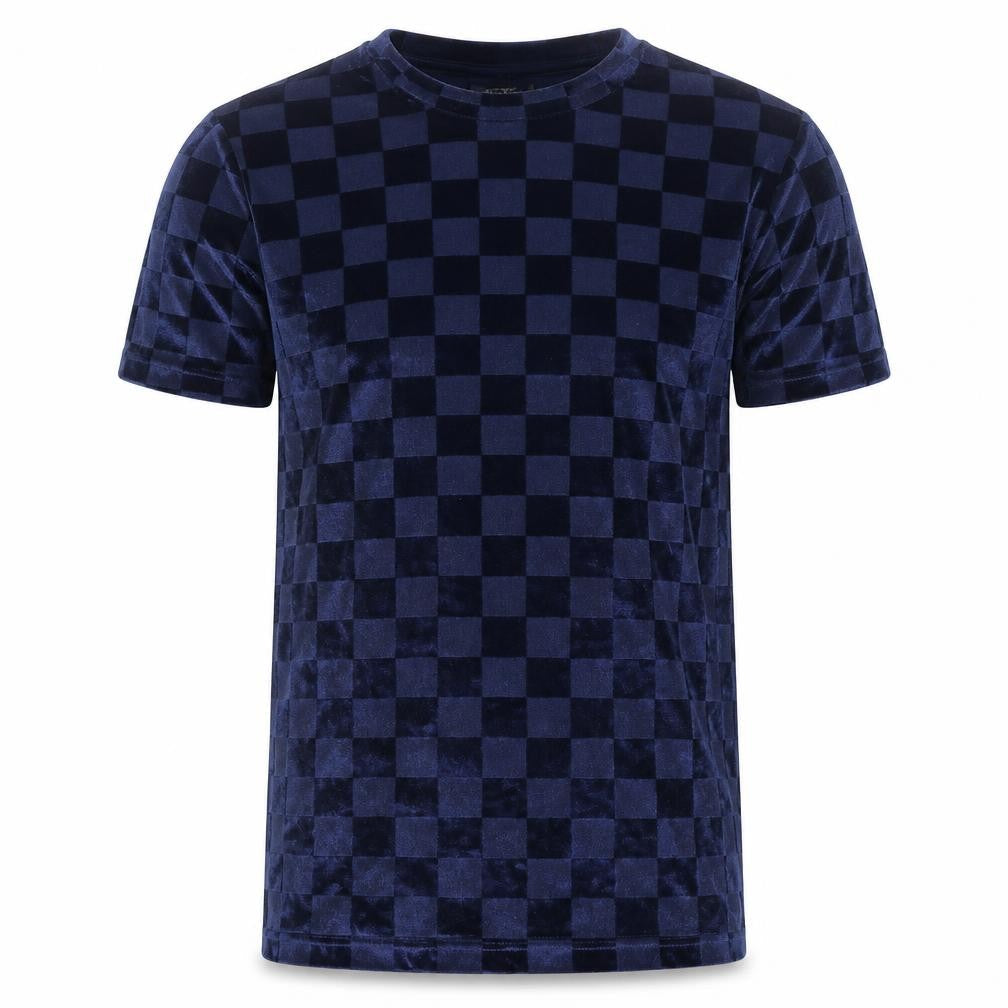 ICONO Men's Blue Check Slim Fit Velvet T-Shirt Size S
