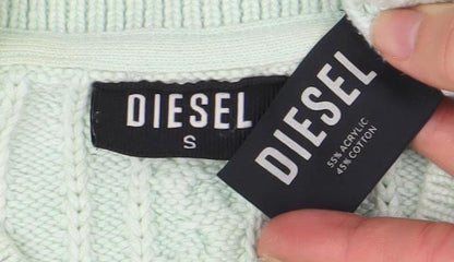 Diesel Women's Green Cable-Knit Crew Neck Jumper Size S
