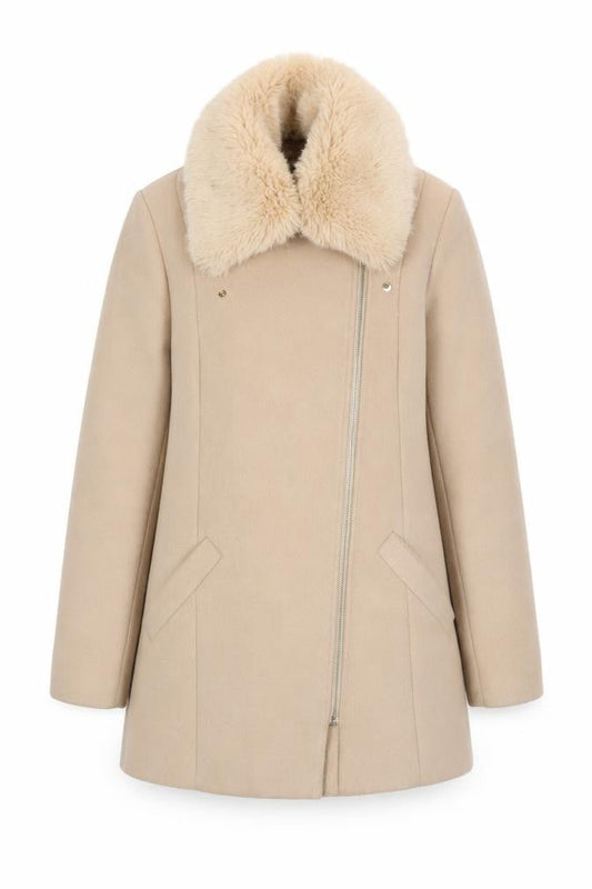 River Island Women Beige Wool Blend Faux Fur Collar Mid-Length Coat UK 8