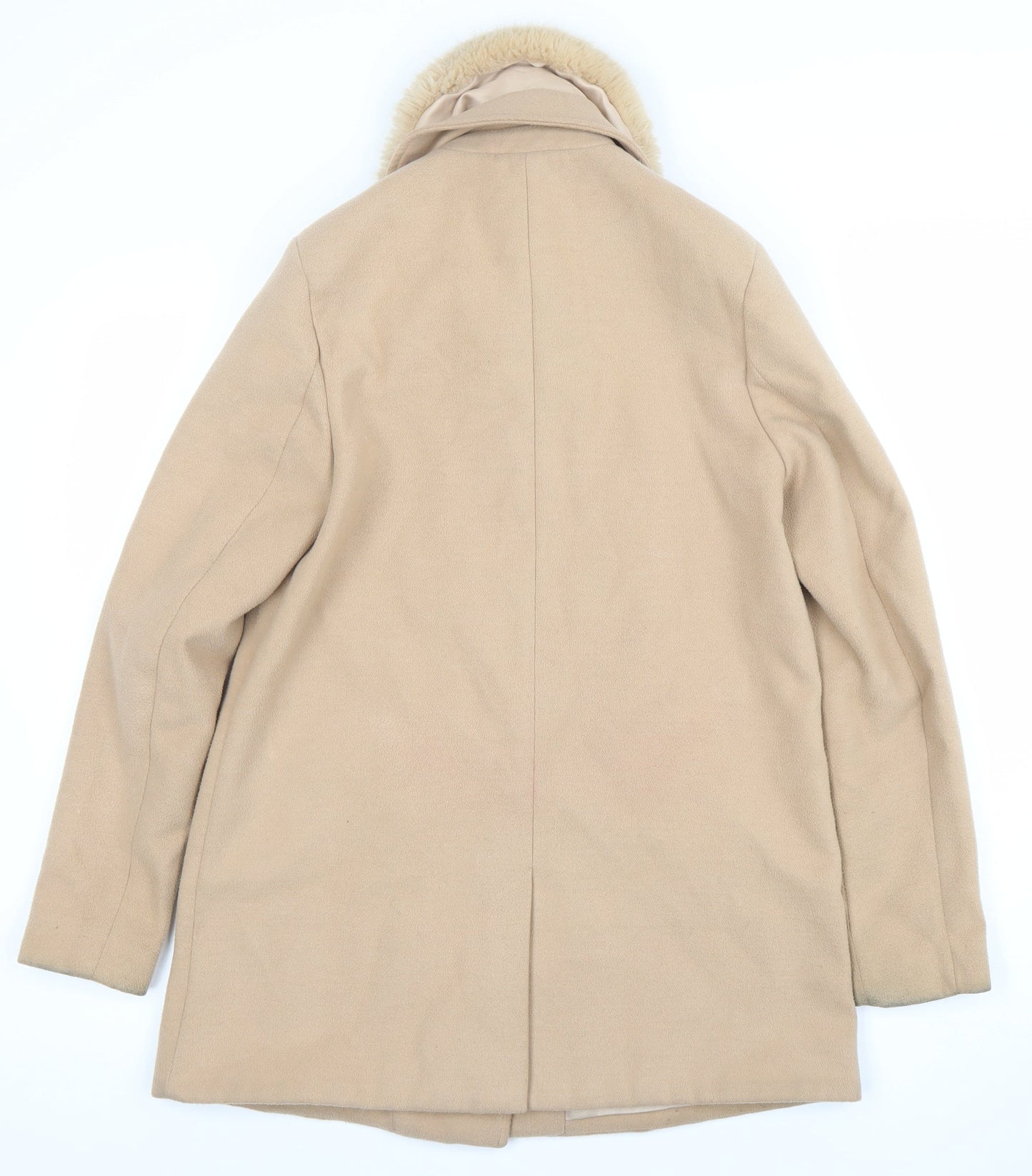 River Island Women Beige Wool Blend Faux Fur Collar Mid-Length Coat UK 8