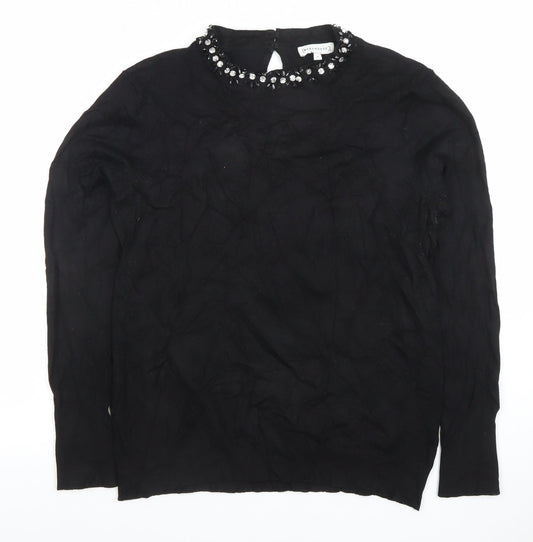 Warehouse Women’s Black Beaded Crew Neck Long Sleeve Blouse Size 14