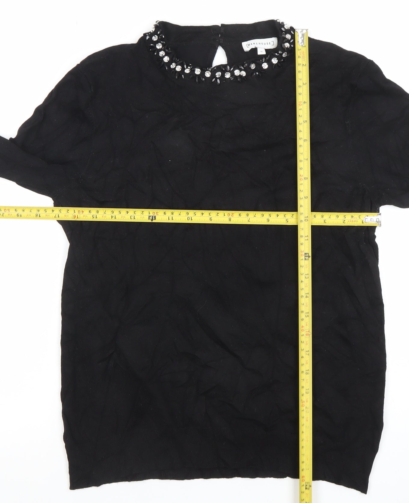Warehouse Women’s Black Beaded Crew Neck Long Sleeve Blouse Size 14