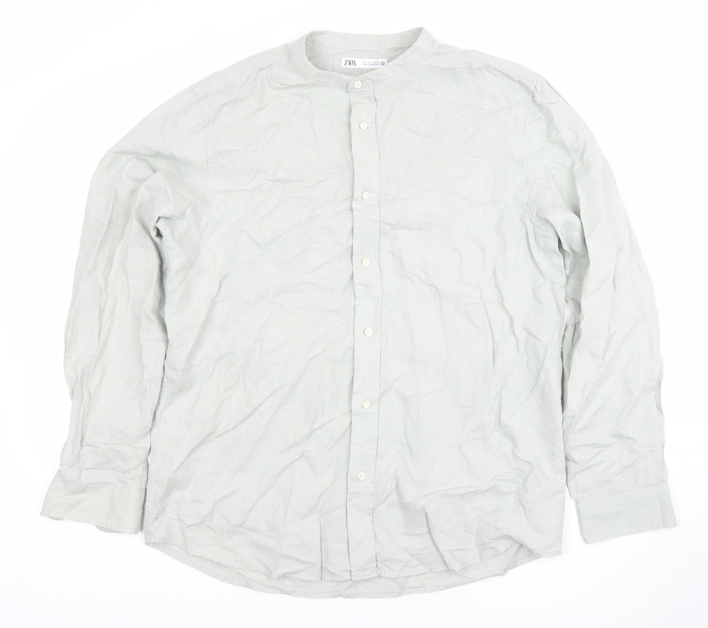 ZARA Men’s Green Band Collar Long Sleeve Cotton Shirt Size L