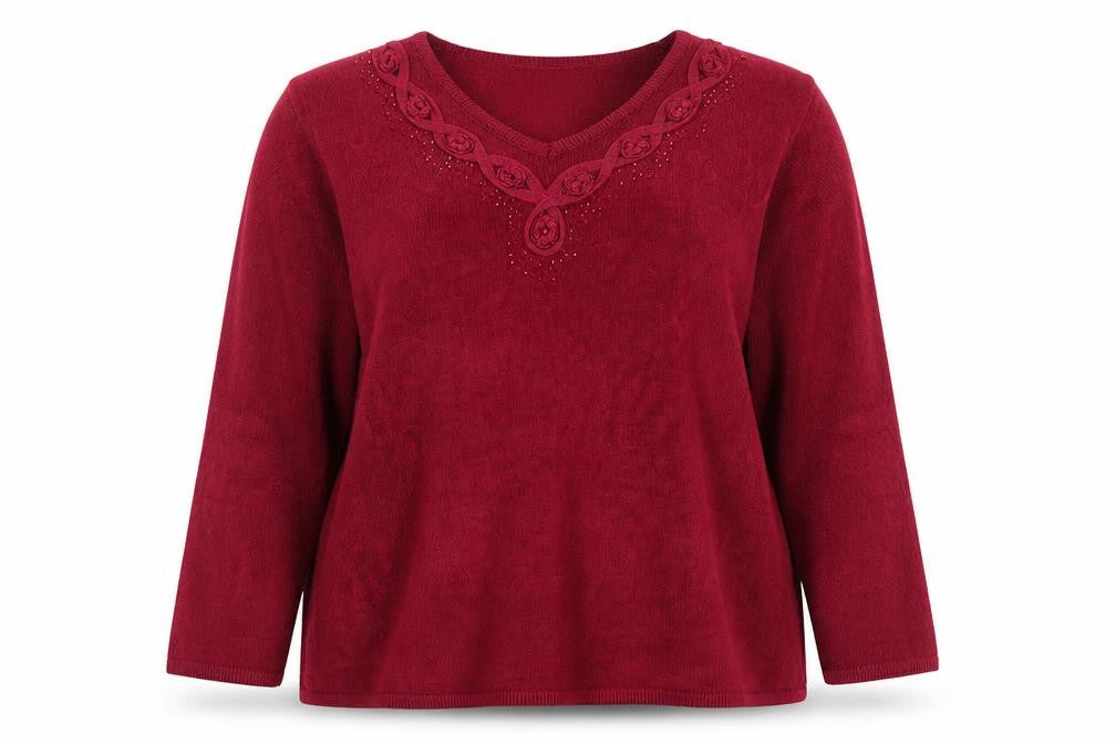 Fay Louise Women's Red Beaded V-Neck Knit Jumper Size L