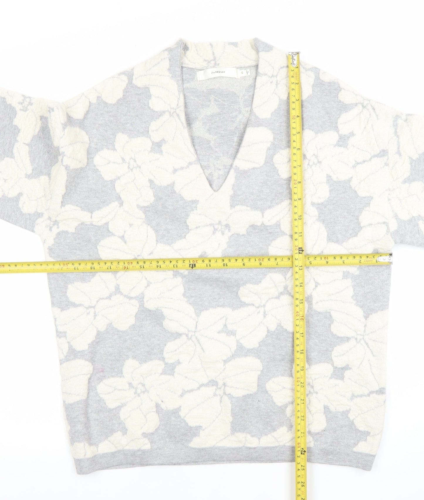 InWear Womens Grey Floral Alpaca Blend V-Neck Long Sleeve Jumper XS
