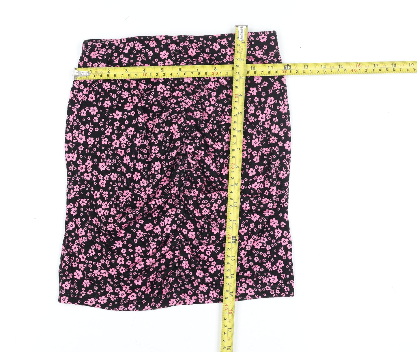 H&M Divided Women's XS Black Pink Floral Stretch Pencil Skirt