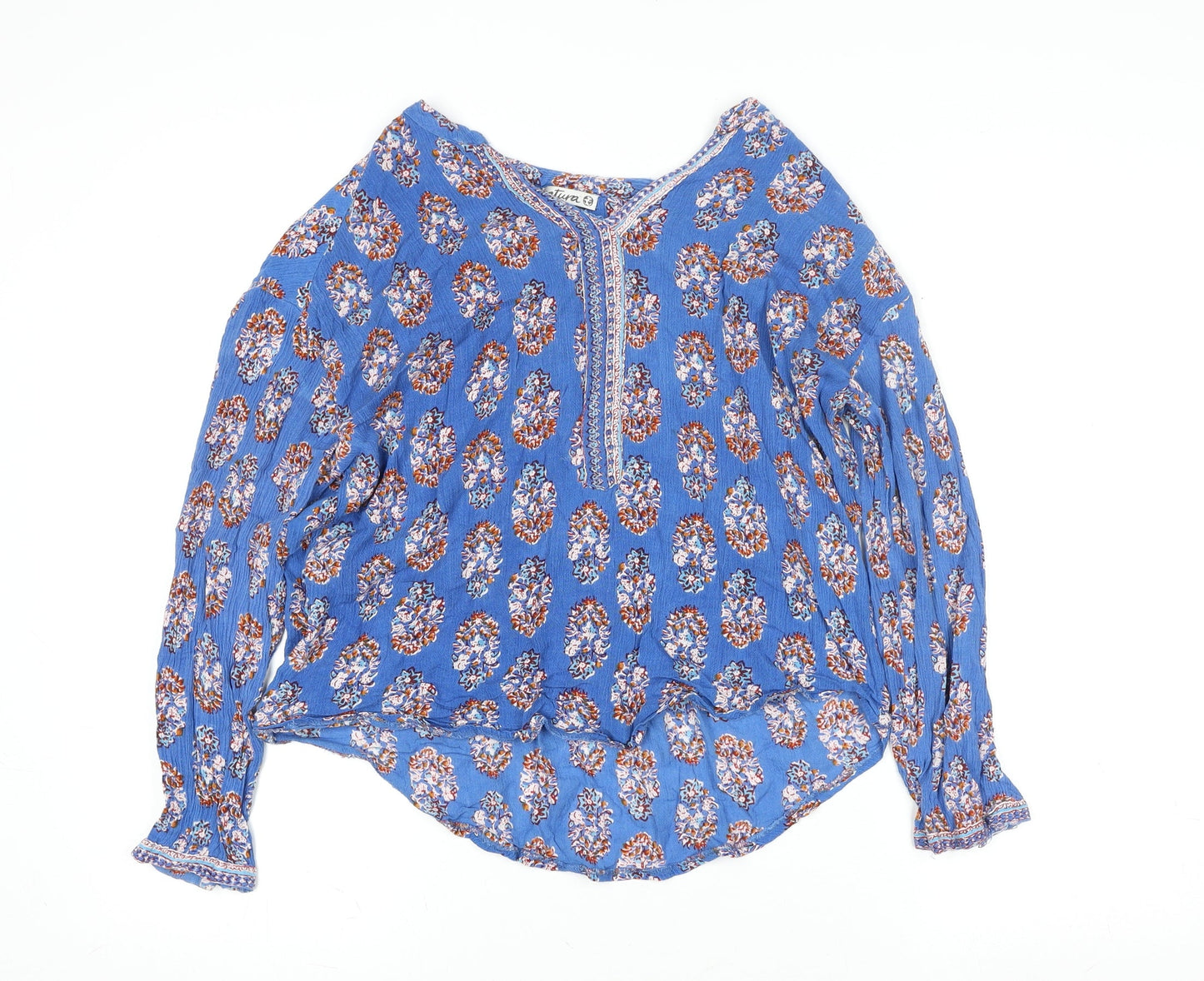 Natura Women Blue Floral Bohemian Long Sleeve Cotton Blouse L