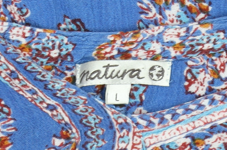 Natura Women Blue Floral Bohemian Long Sleeve Cotton Blouse L