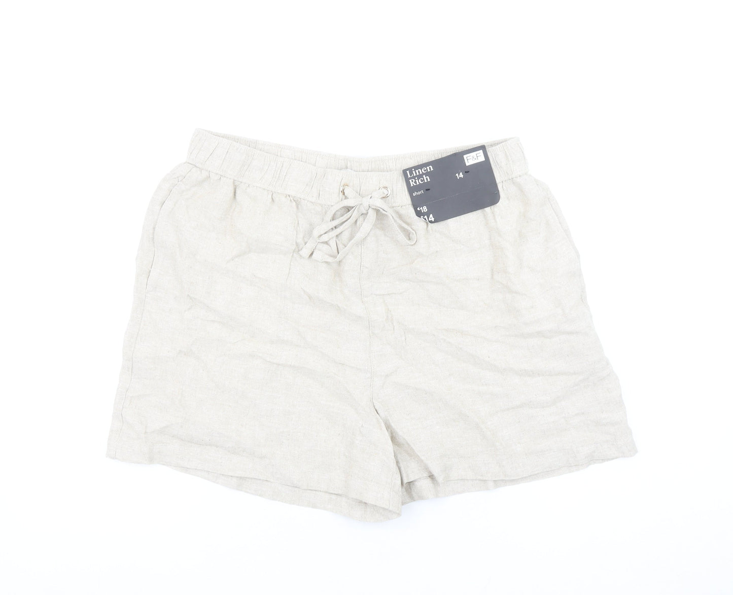 F&F Women Beige Linen Blend Drawstring Casual Shorts UK 14
