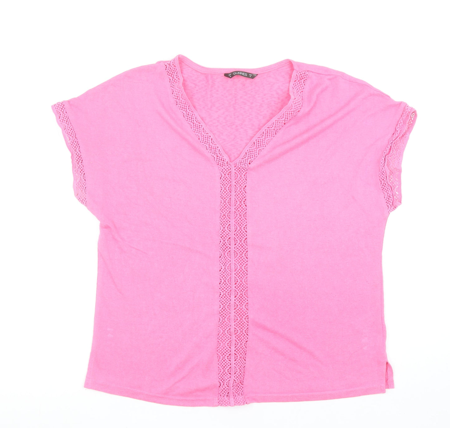 Dunnes Stores Women's Pink V-Neck Crochet Trim T-Shirt Size M