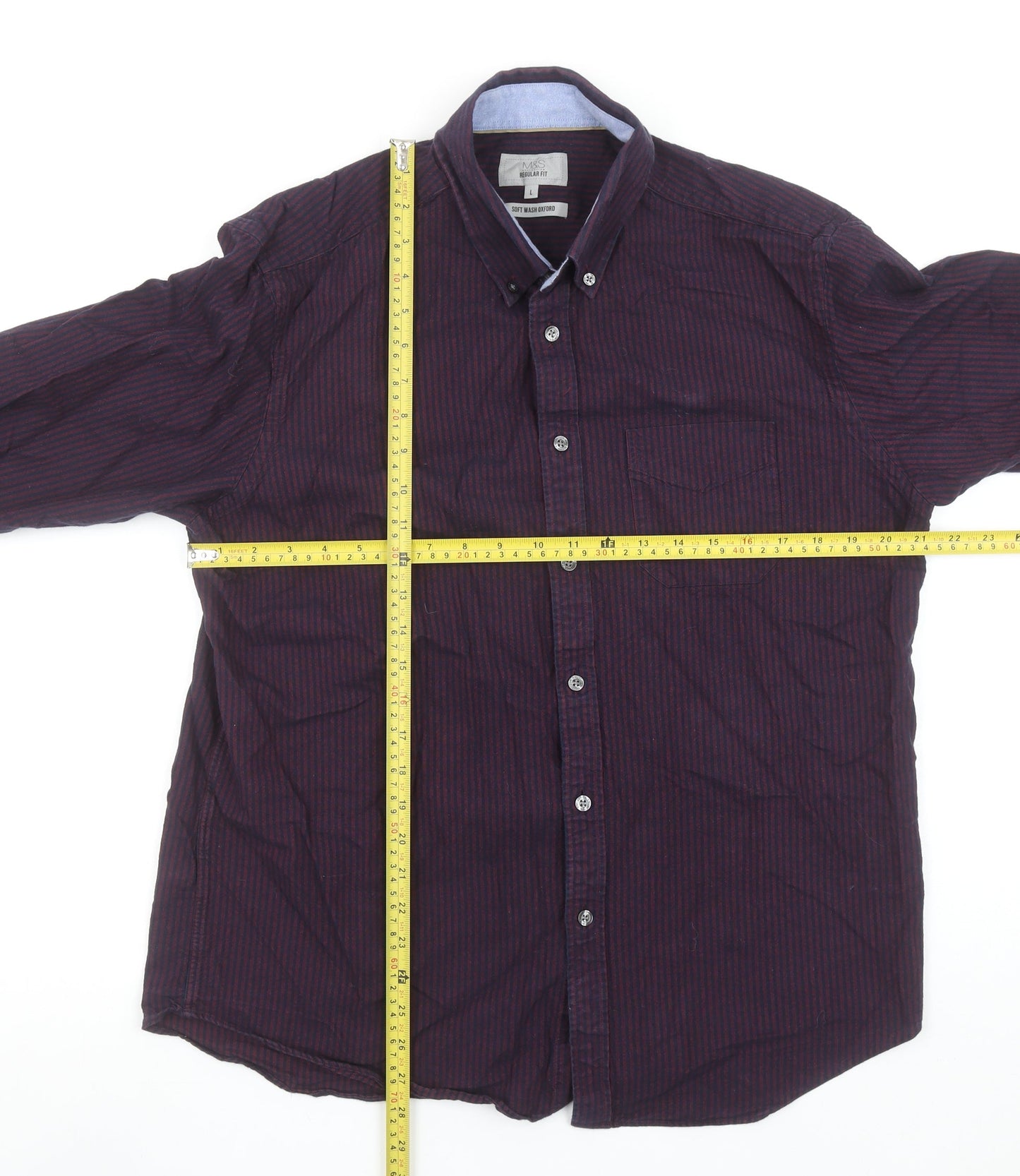 Marks and Spencer Men's Purple Striped Regular Fit Long Sleeve Cotton Oxford Shirt L