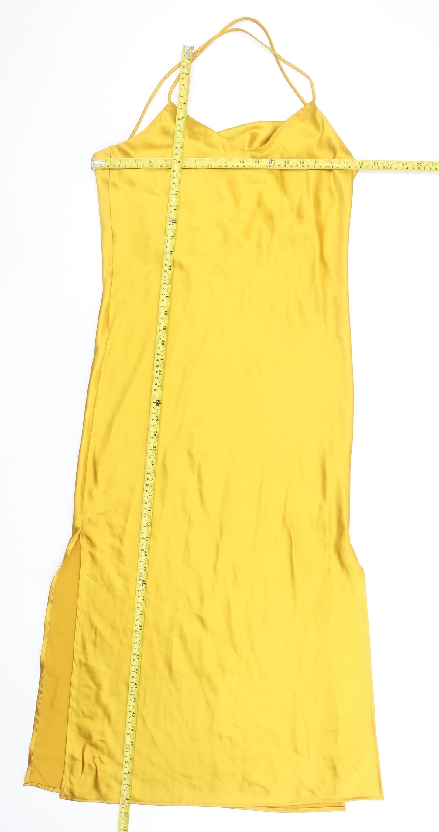 Topshop Women Yellow Satin Slip Midi Dress Size 12 Sleeveless V-Neck