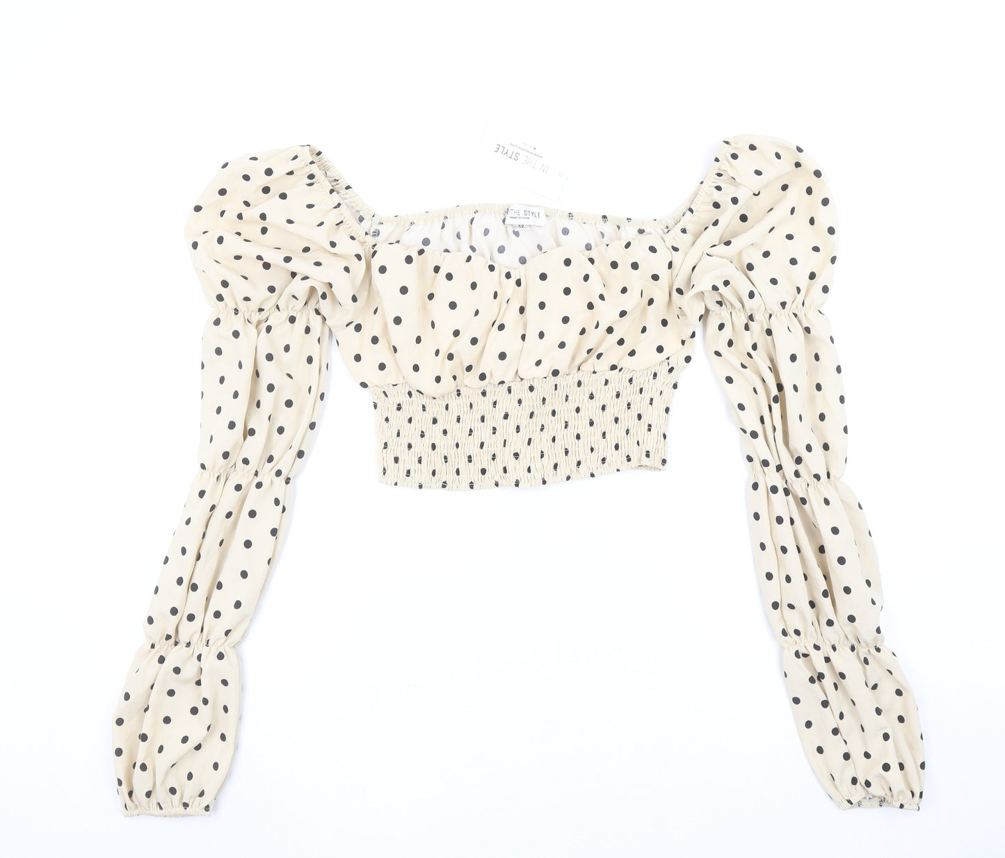 In The Style Women Beige Polka Dot Puff Sleeve Cropped Blouse Size 12
