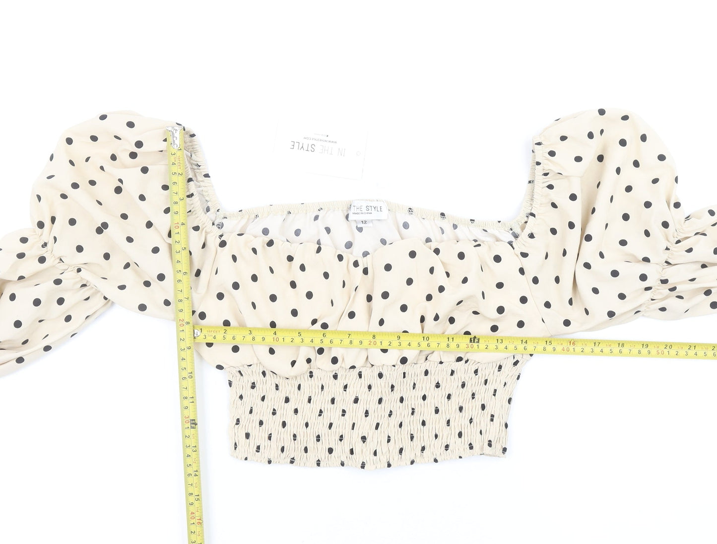 In The Style Women Beige Polka Dot Puff Sleeve Cropped Blouse Size 12