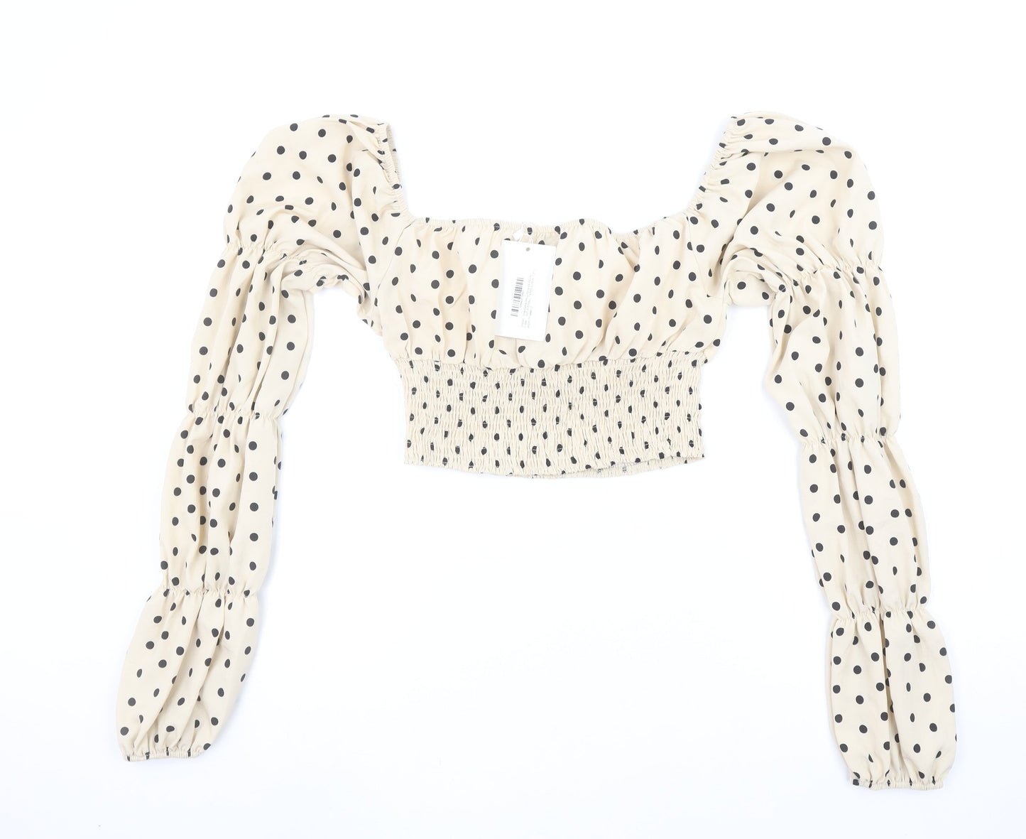 In The Style Women Beige Polka Dot Puff Sleeve Cropped Blouse Size 12
