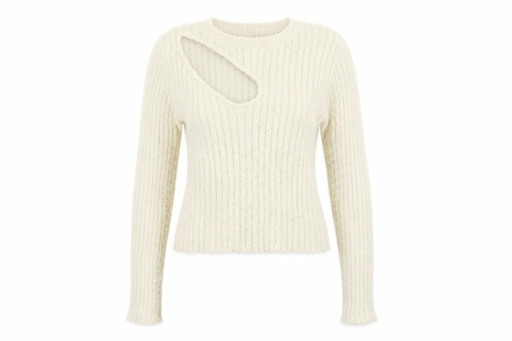 Zara Women Ivory Ribbed Knit Cut Out Pullover Jumper Size 12