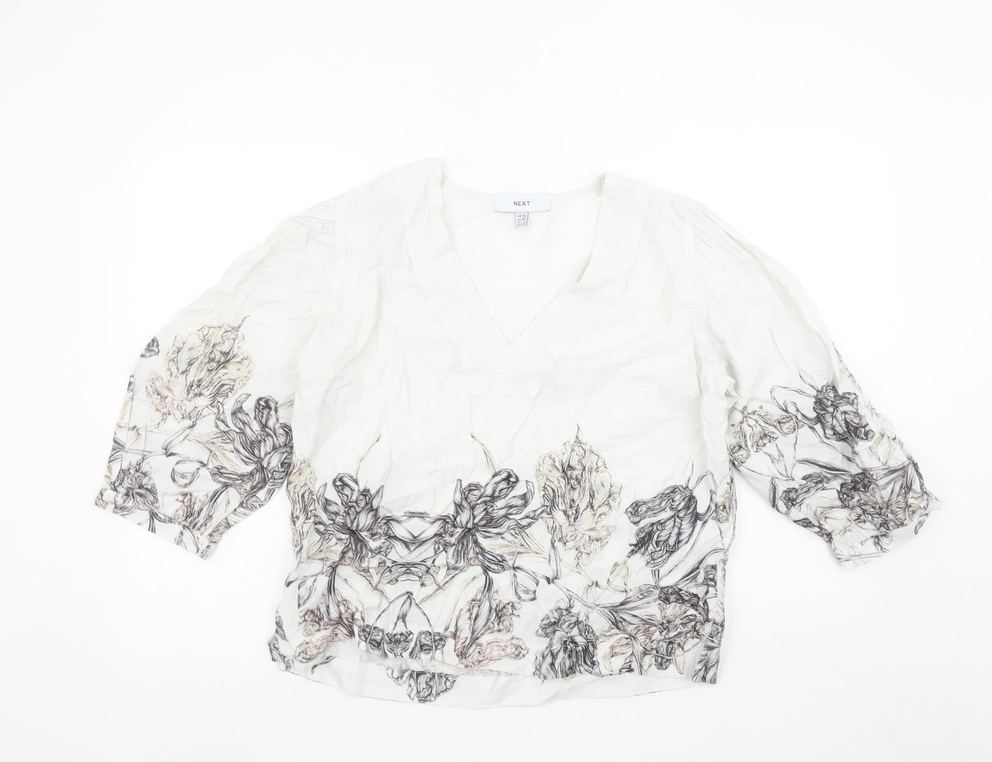 Next Womens Ivory Floral V-Neck 3/4 Sleeve Tunic Blouse Size 12