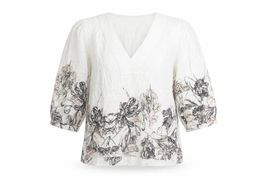 Next Womens Ivory Floral V-Neck 3/4 Sleeve Tunic Blouse Size 12