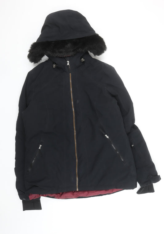 Crane Womens Black Fur Trim Hooded Parka Jacket Size 12