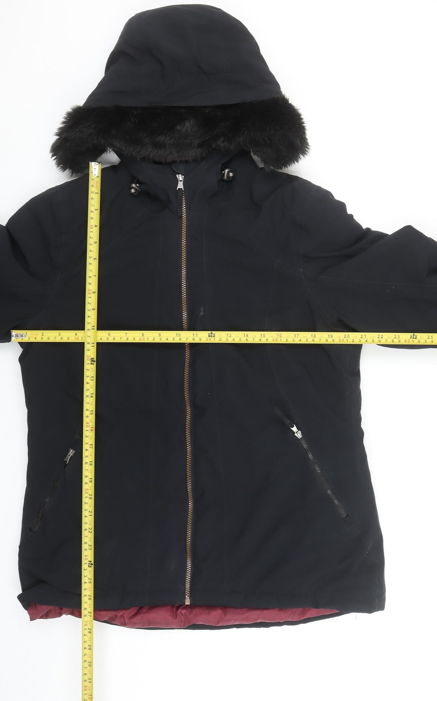 Crane Womens Black Fur Trim Hooded Parka Jacket Size 12