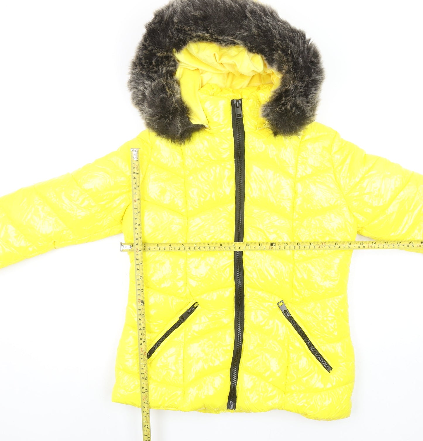 How Dare U Women Yellow Fur Trim Hooded Puffer Jacket Size M Winter Coat