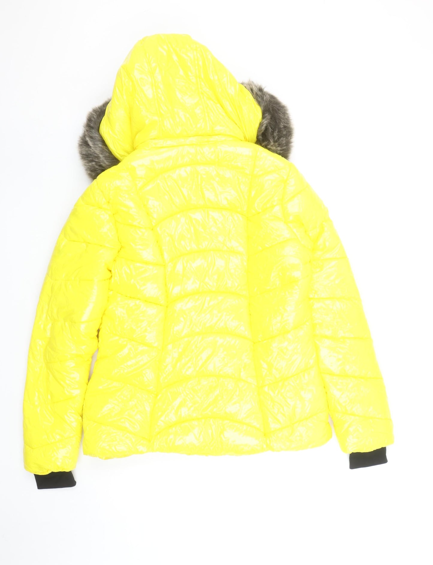 How Dare U Women Yellow Fur Trim Hooded Puffer Jacket Size M Winter Coat
