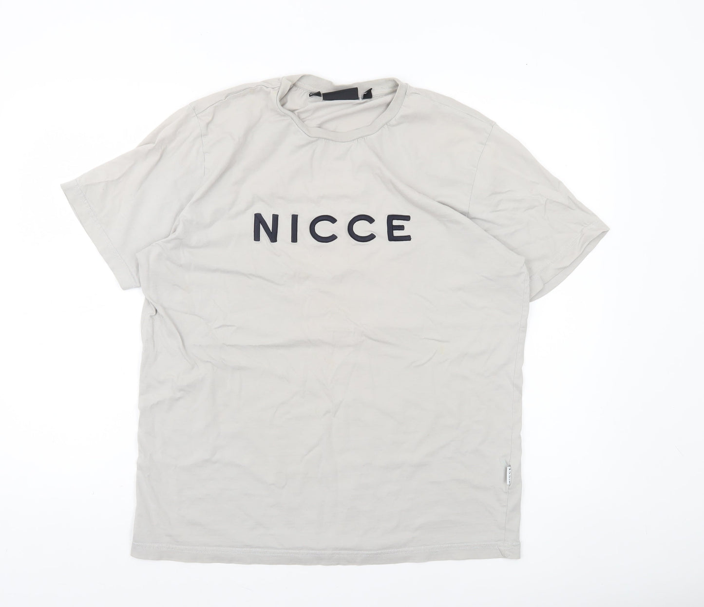 Nicce Men Beige Cotton Short Sleeve Crew Neck Logo T-Shirt Size L