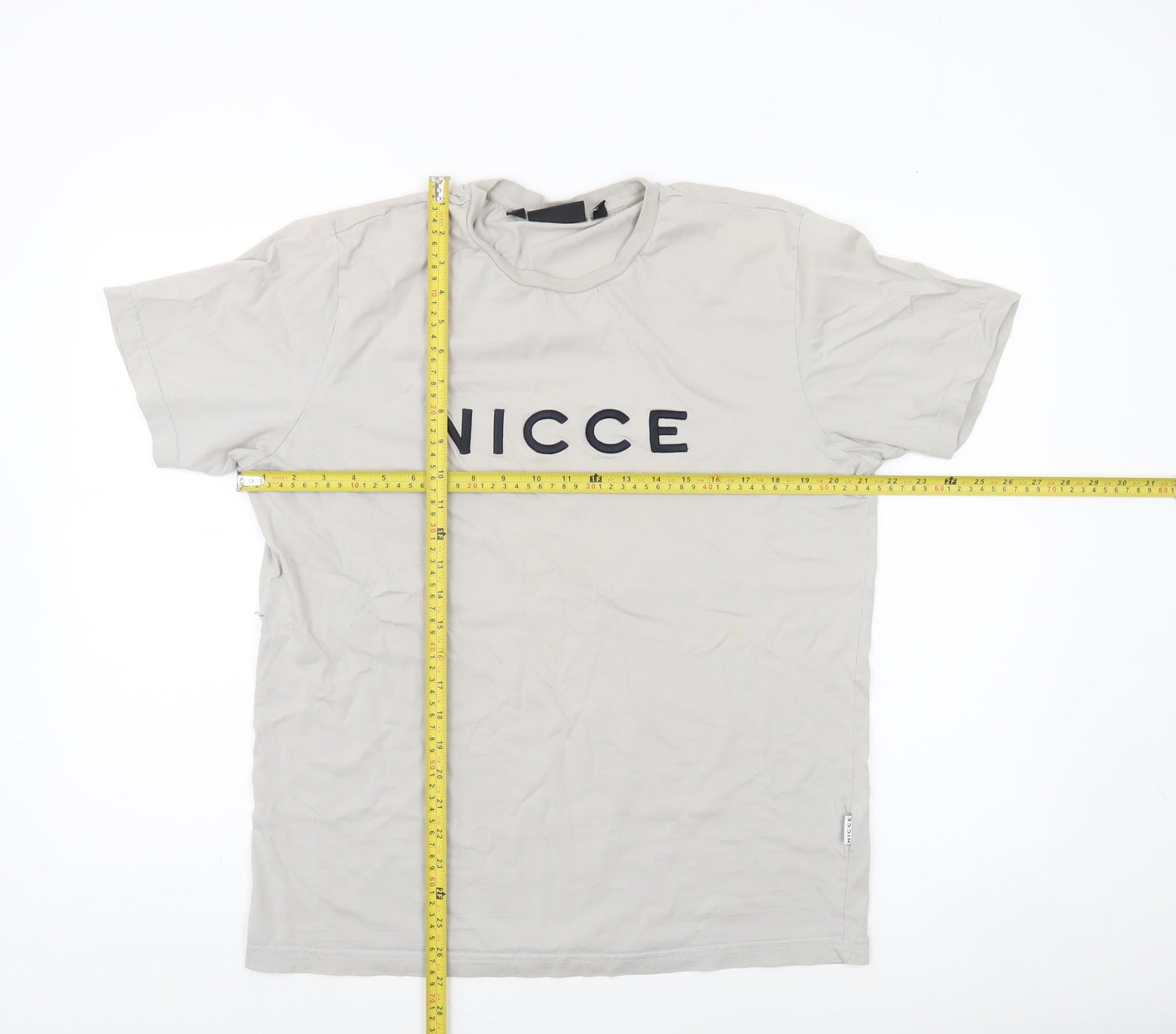 Nicce Men Beige Cotton Short Sleeve Crew Neck Logo T-Shirt Size L
