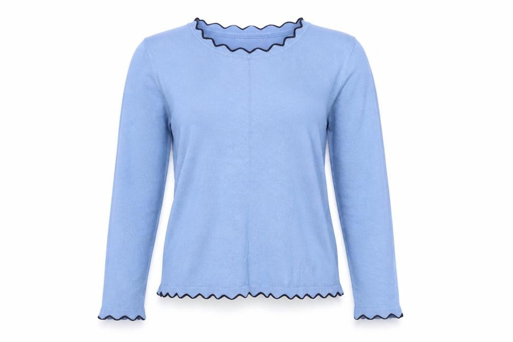 Micha Women Blue Scallop Trim Knit Pullover Jumper Size S