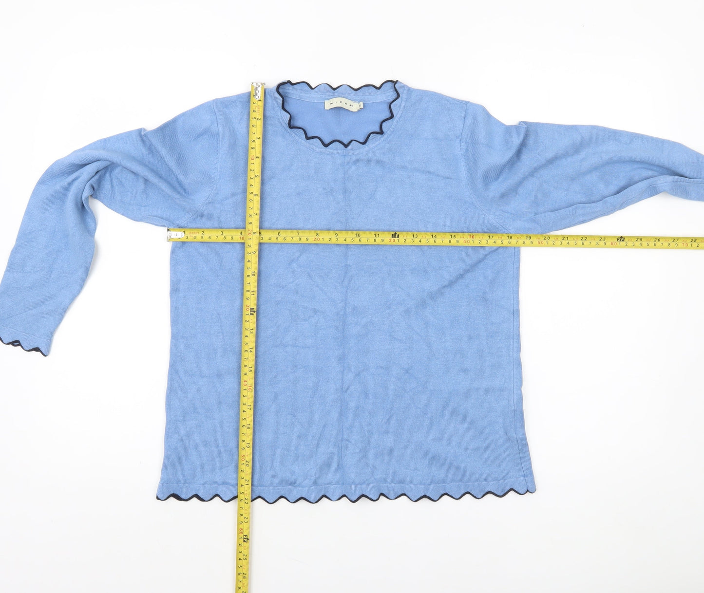 Micha Women Blue Scallop Trim Knit Pullover Jumper Size S