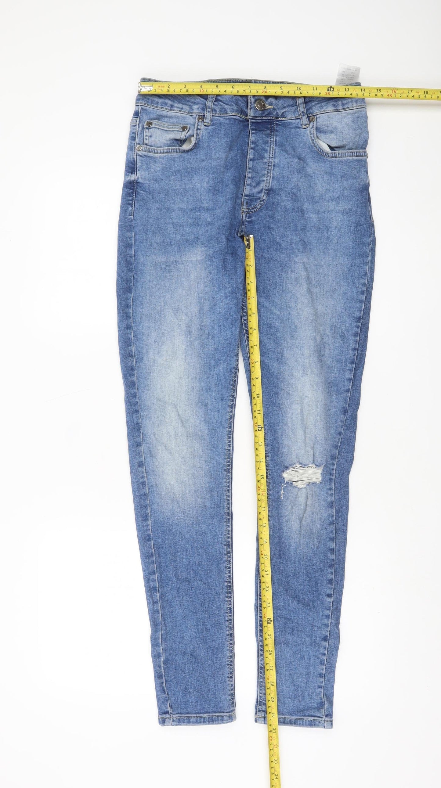 boohooMAN Men’s Blue Skinny Distressed Stretch Denim Jeans Size 34