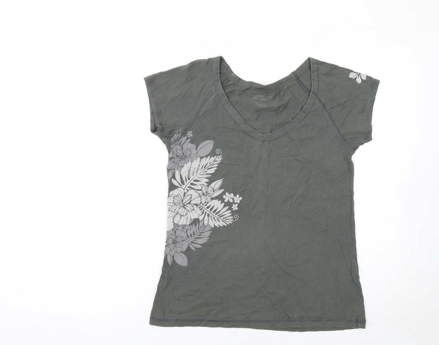 Crazy Shirts Women's Grey Floral V-Neck Cotton T-Shirt Size S