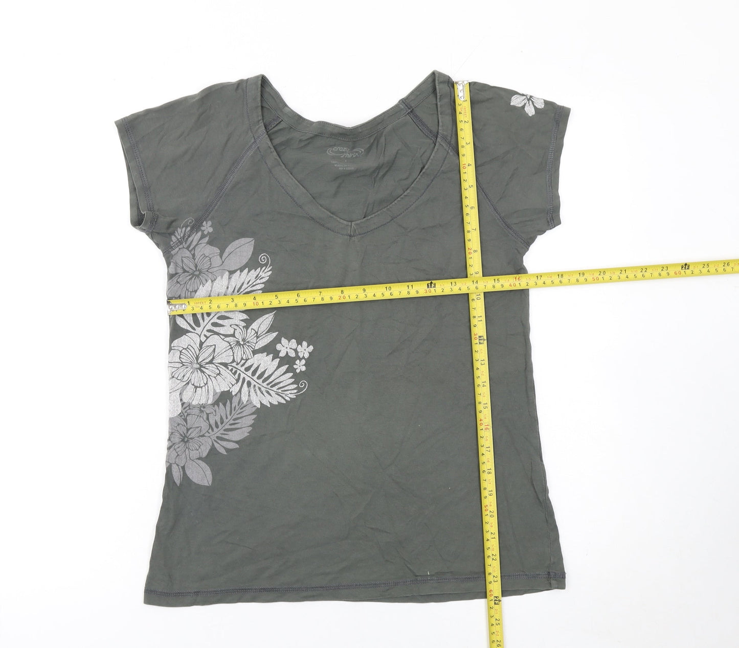 Crazy Shirts Women's Grey Floral V-Neck Cotton T-Shirt Size S