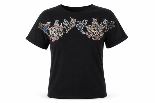 Marks and Spencer Women's Black Embroidered Floral T-Shirt Size 8