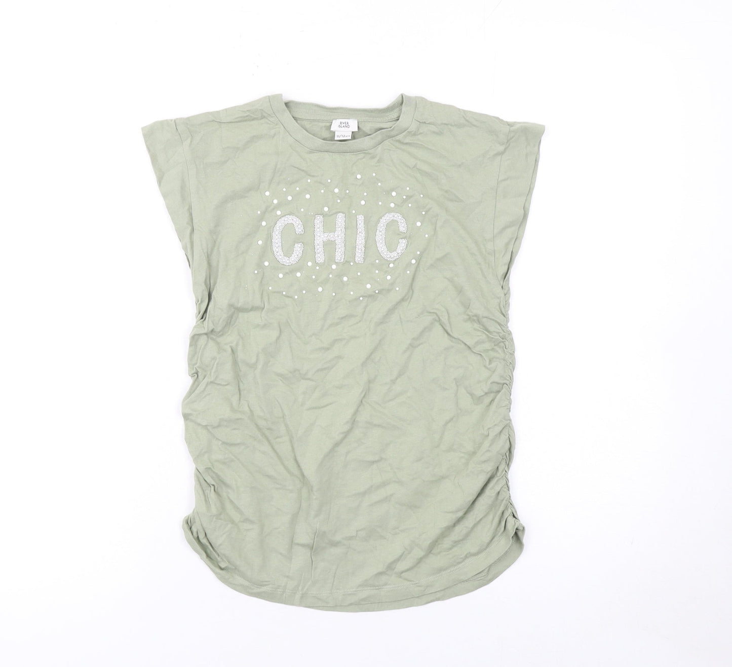 River Island Girls Green Chic Glitter Graphic Cotton T-Shirt 11-12 Years