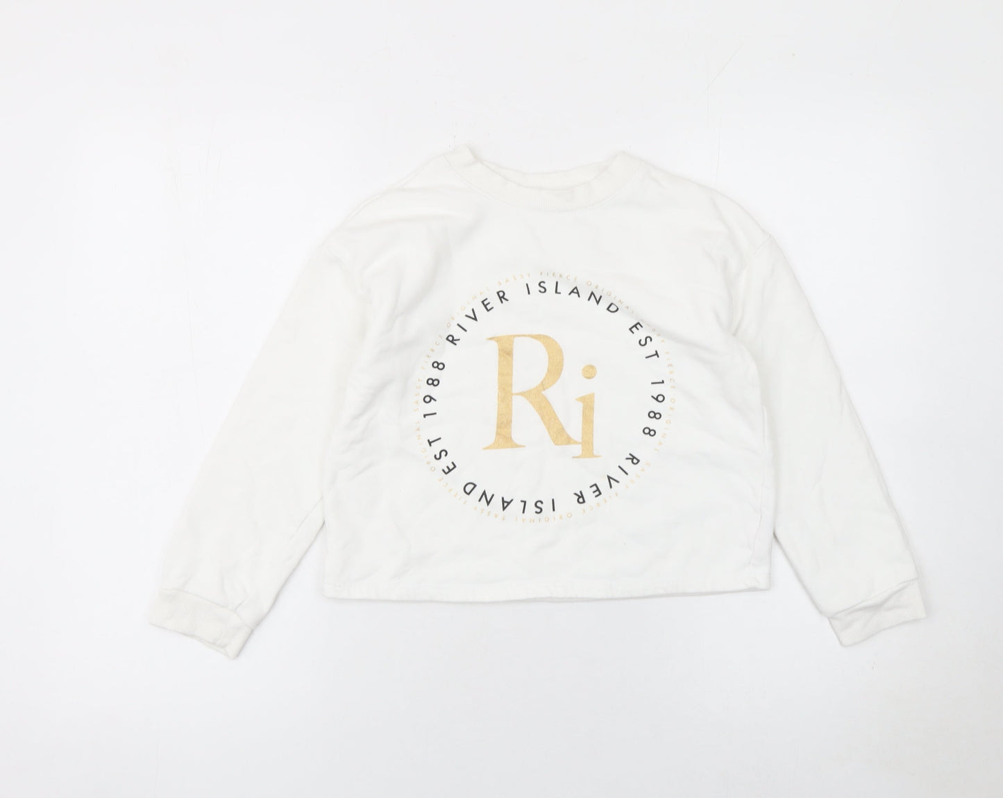 River Island Girls White Gold Logo Sweatshirt 9-10 Years Cotton Blend