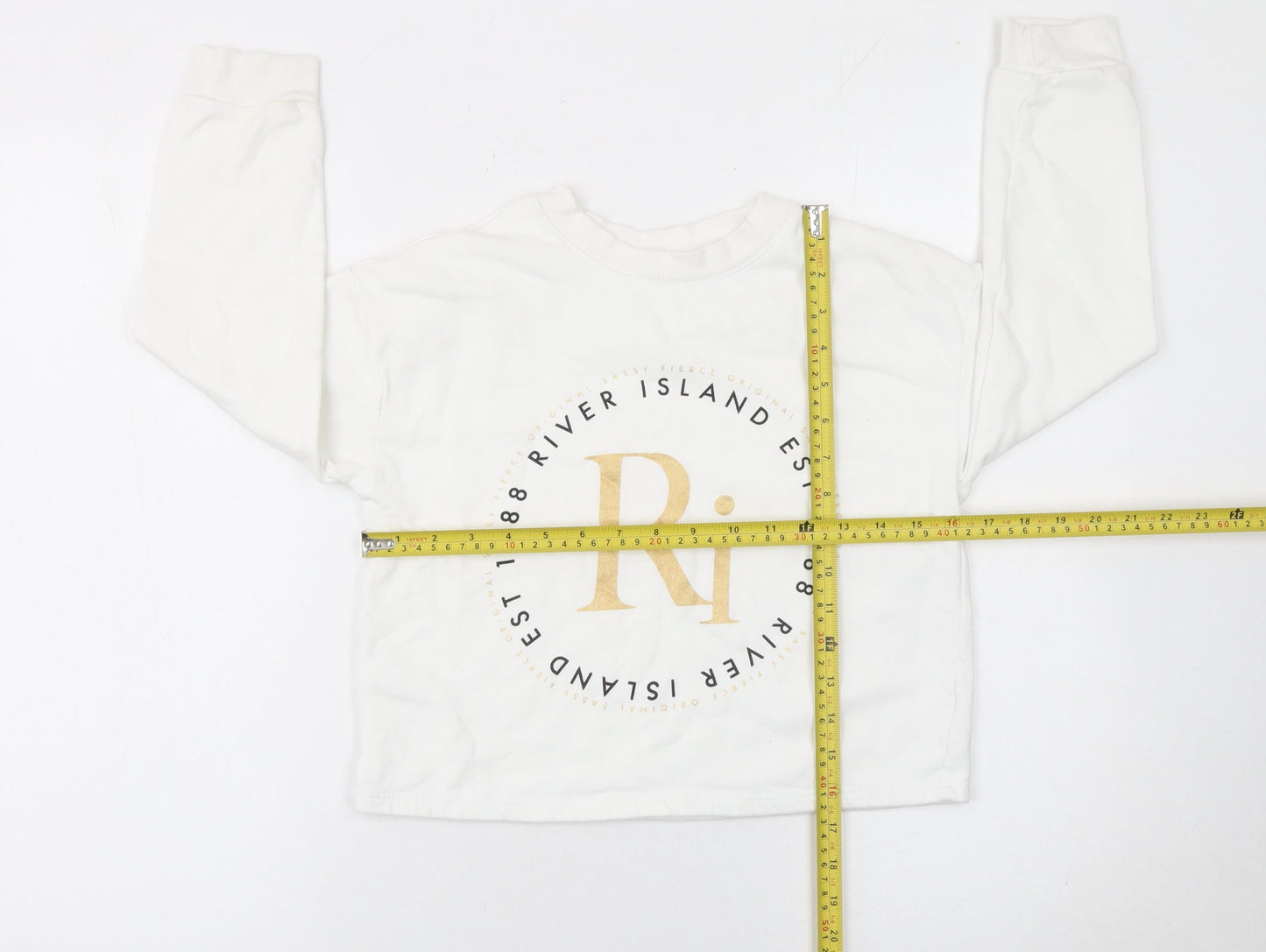 River Island Girls White Gold Logo Sweatshirt 9-10 Years Cotton Blend