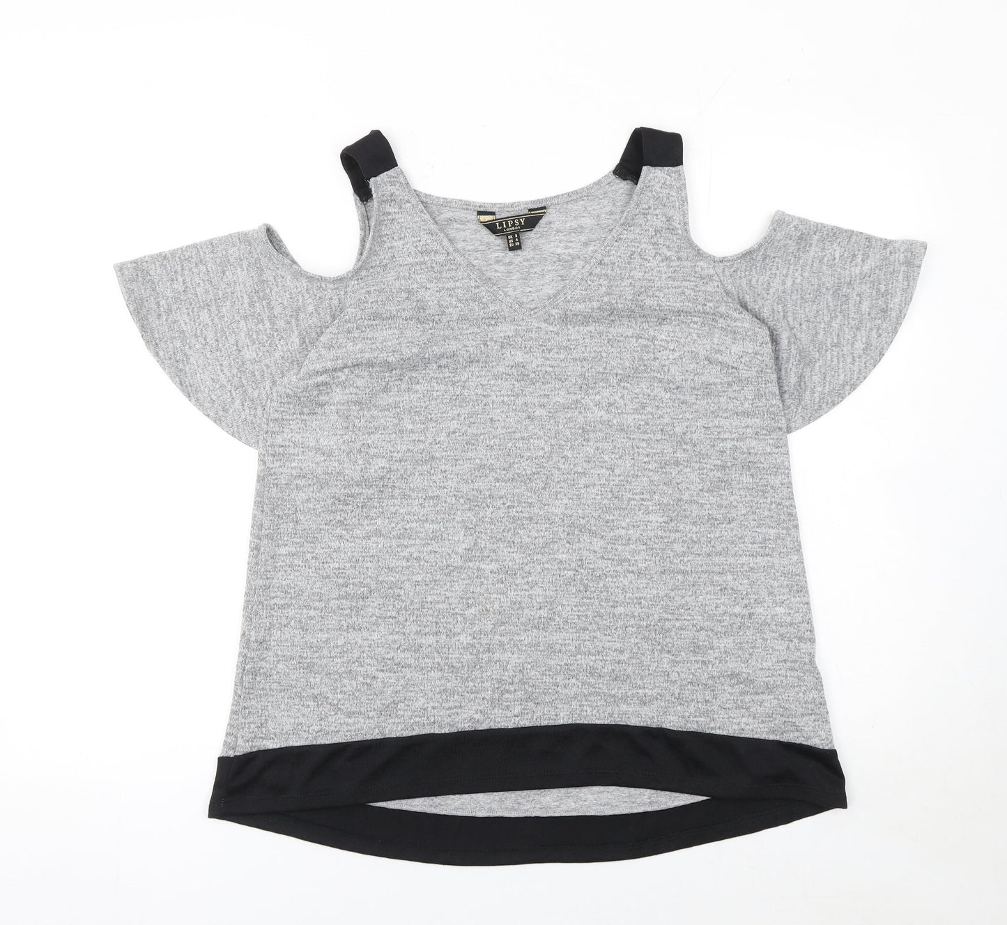 Lipsy Women’s Grey V-Neck Cold Shoulder Short Sleeve Top Size 8