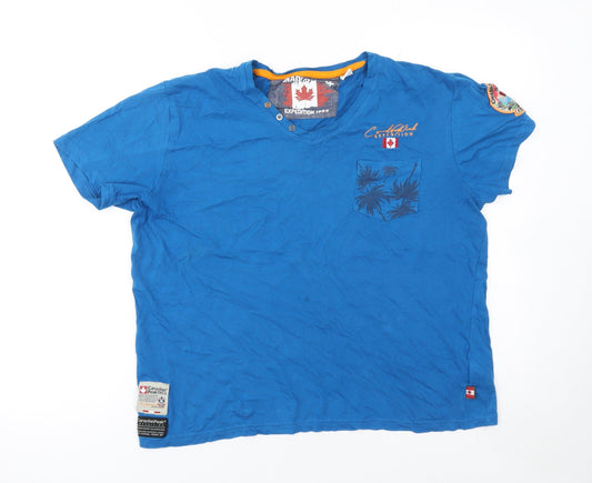 Canadian Peak Men Blue S V-Neck Graphic Outdoor Cotton T-Shirt