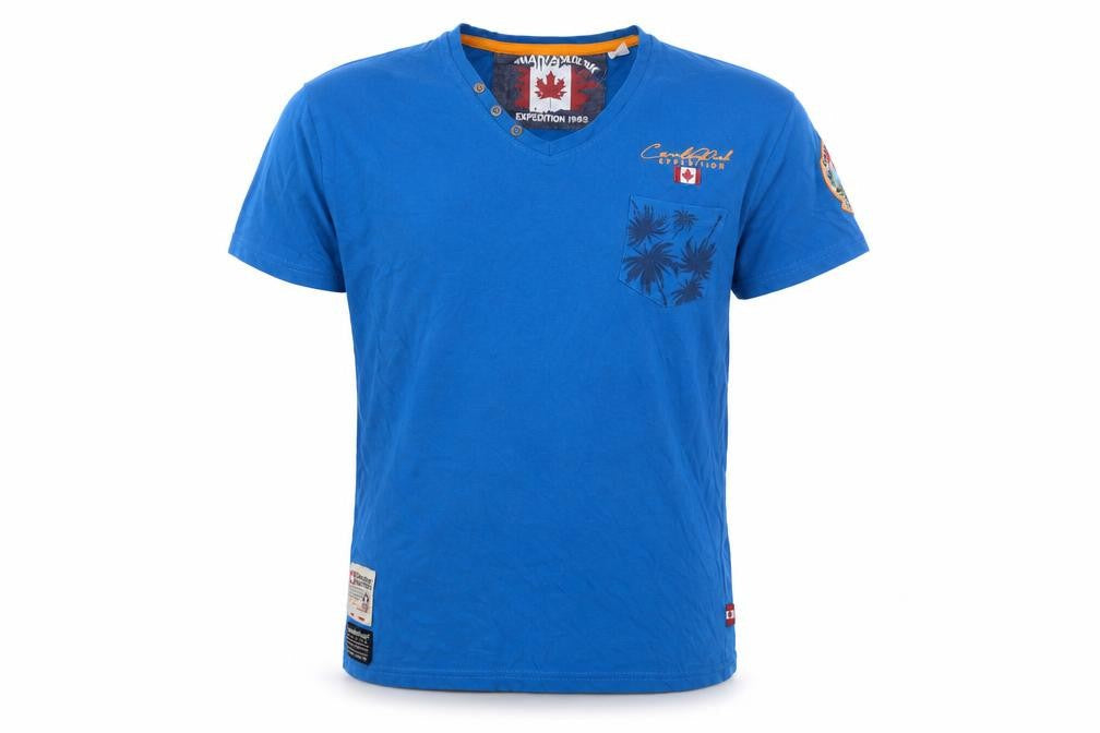 Canadian Peak Men Blue S V-Neck Graphic Outdoor Cotton T-Shirt