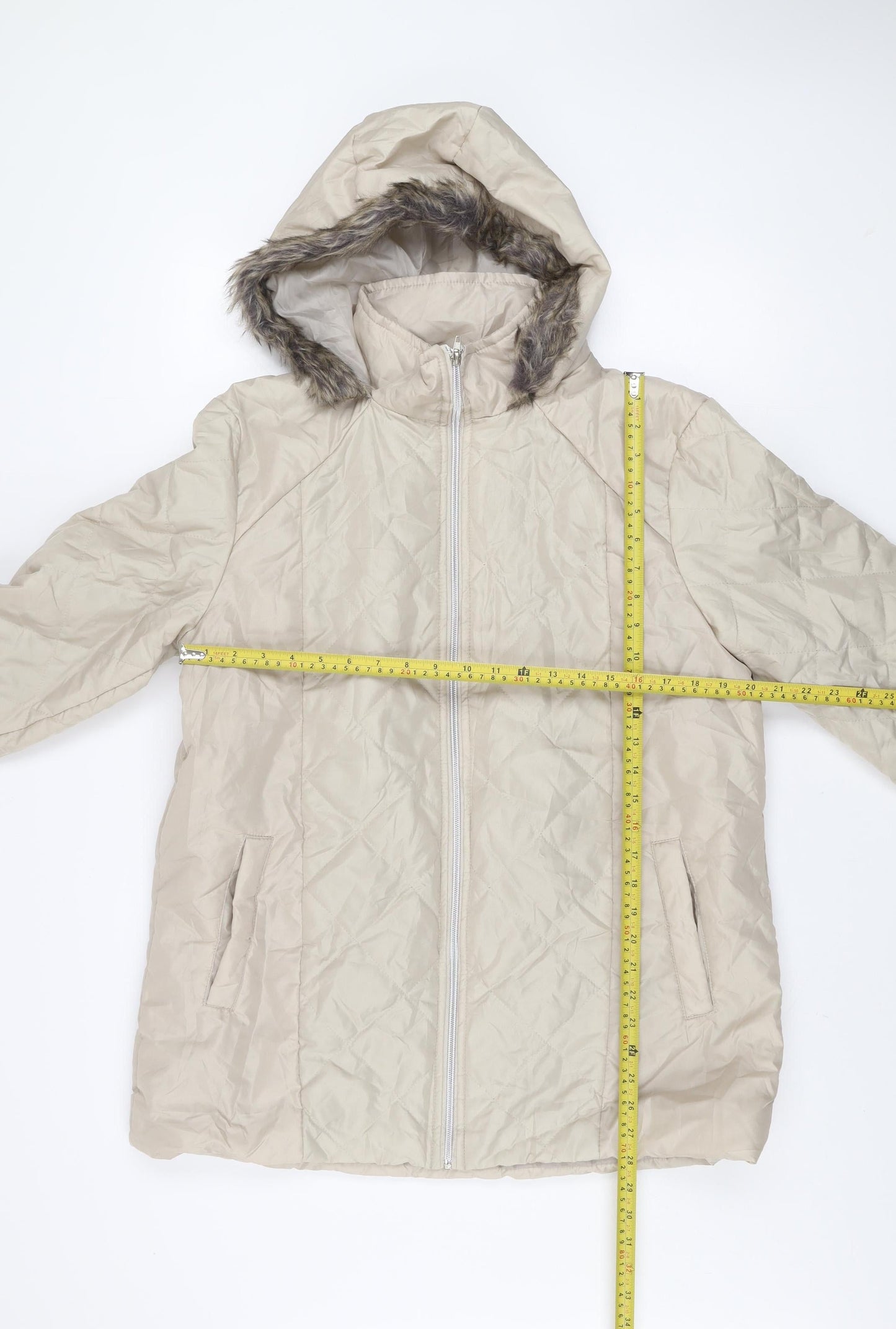 Anne De Lançay Women's Beige Faux Fur Hooded Quilted Puffer Coat M