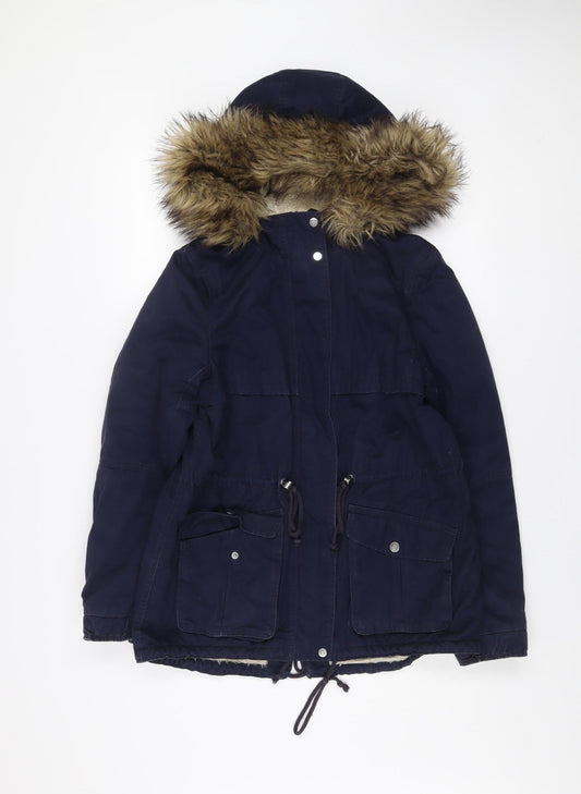 H&M Women’s Blue Cotton Parka Jacket Size 10 Hooded Fur Trim