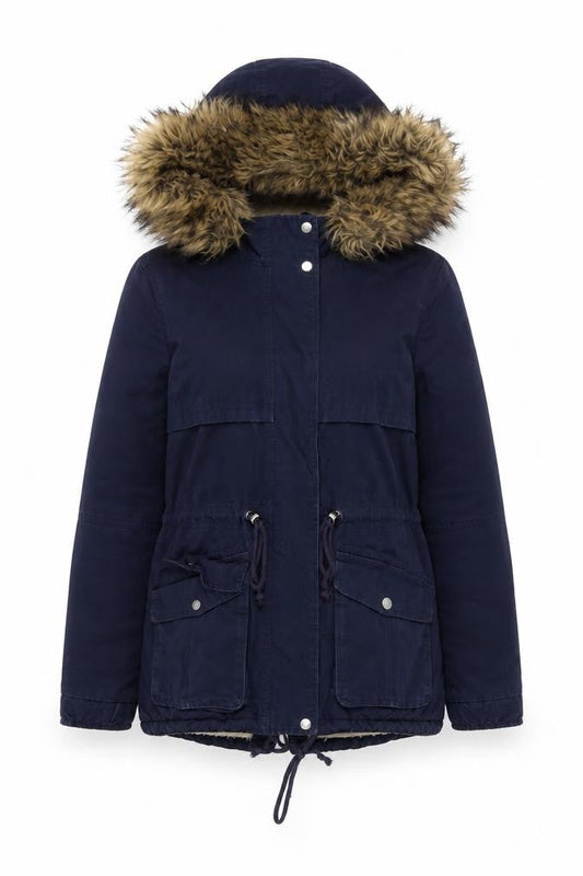 H&M Women’s Blue Cotton Parka Jacket Size 10 Hooded Fur Trim