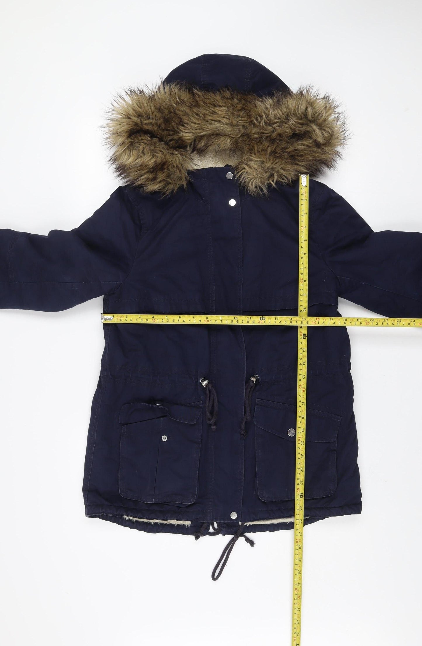 H&M Women’s Blue Cotton Parka Jacket Size 10 Hooded Fur Trim