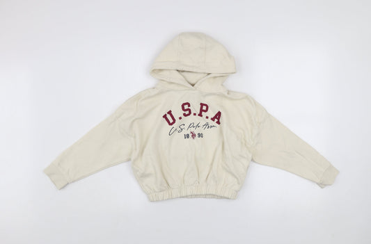 U.S. Polo Assn. Girls Ivory 7-8 Years Pullover Hoodie with Logo Print