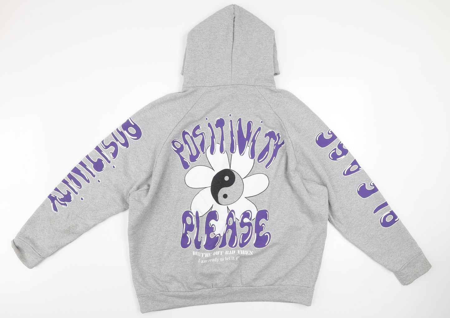Alaçati Style Women Grey Hoodie L Graphic Print Pullover Positivity Design