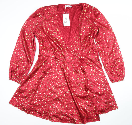 Ivy Lane Women's Red Floral Wrap Knee-length Dress Long Sleeve Size 14