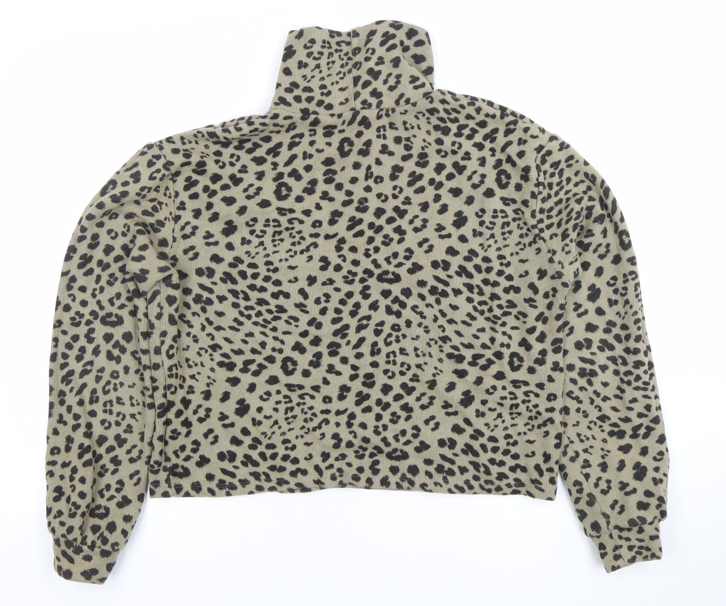 Pull&Bear Women's Beige Leopard Print High Neck Long Sleeve Top L