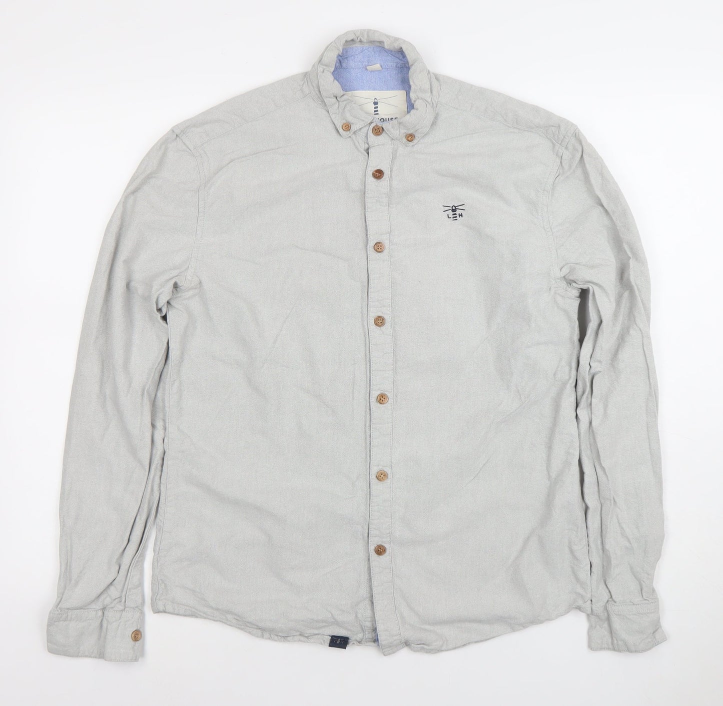 Lighthouse Men’s Grey Cotton Button-Up Shirt Medium Long Sleeve